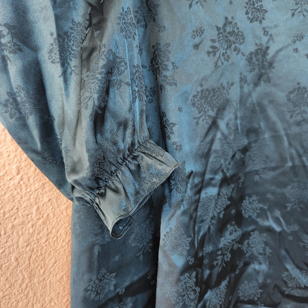 Jacquard Teal Party Satin Dress Size XL Long Sleeve Empire Waist - Picture 4 of 11